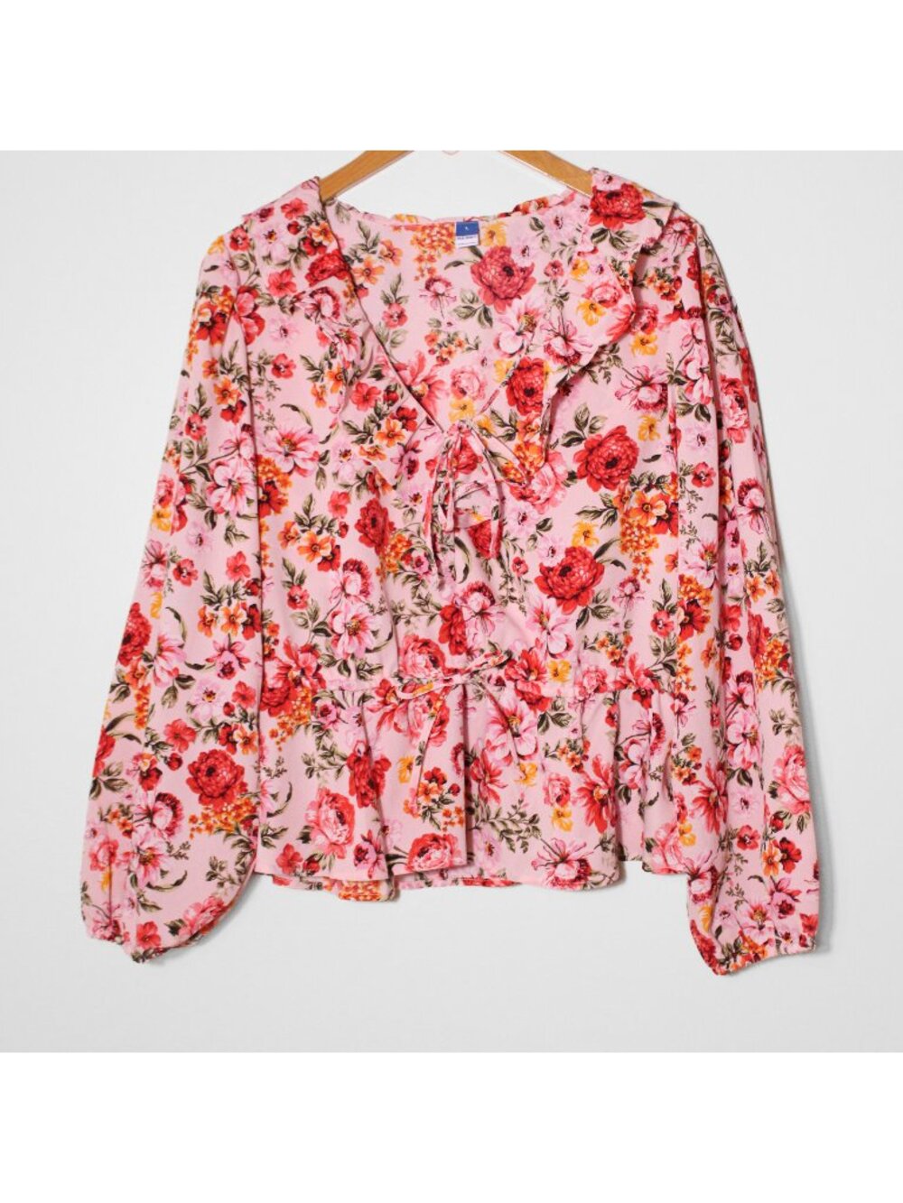 Old Navy Waist Defined Ruffle Trim Floral Top Pink Coquette Feminine Size L